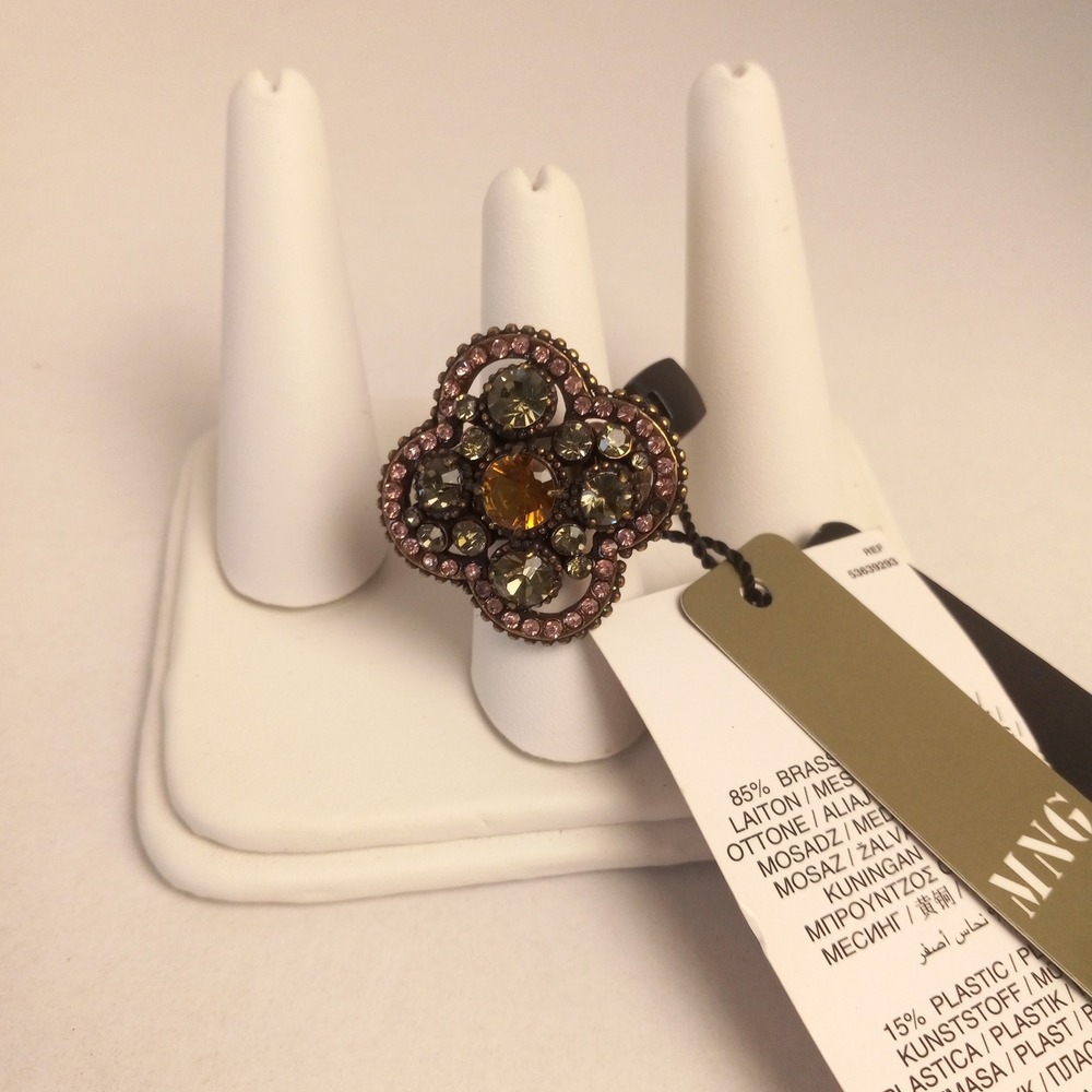 Mango MNG Ornate Flower Statement Ring Amber Pink Crystal Stretch Band 53639293